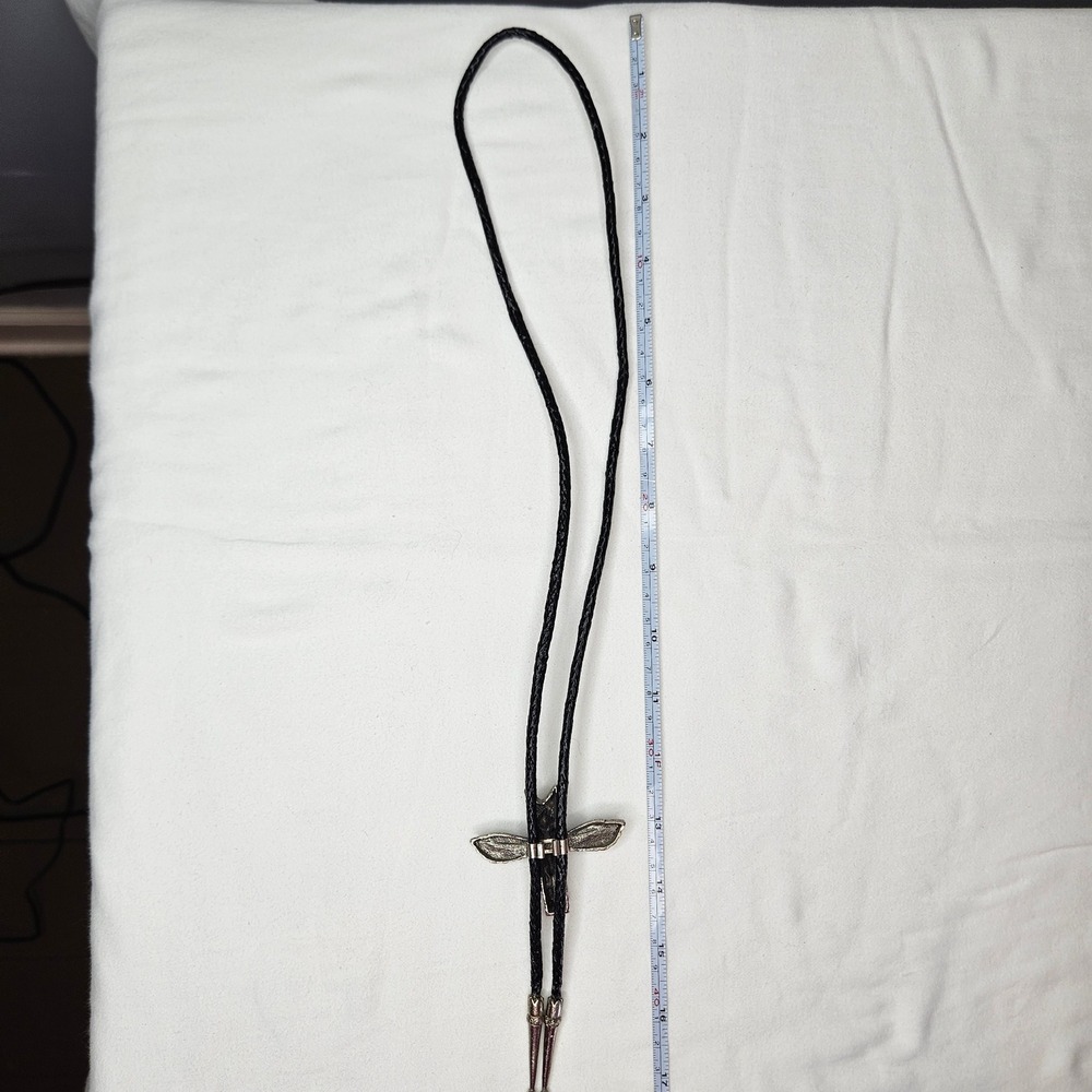 Vtg Bolo Tie Eagle Totem Silver Tone Turquoise Black Leather Braided Cord Native - Picture 4 of 8